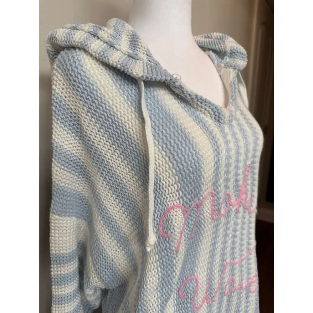 Vintage Havana Blue & White Striped Hooded Knit Sweater with Pink Script